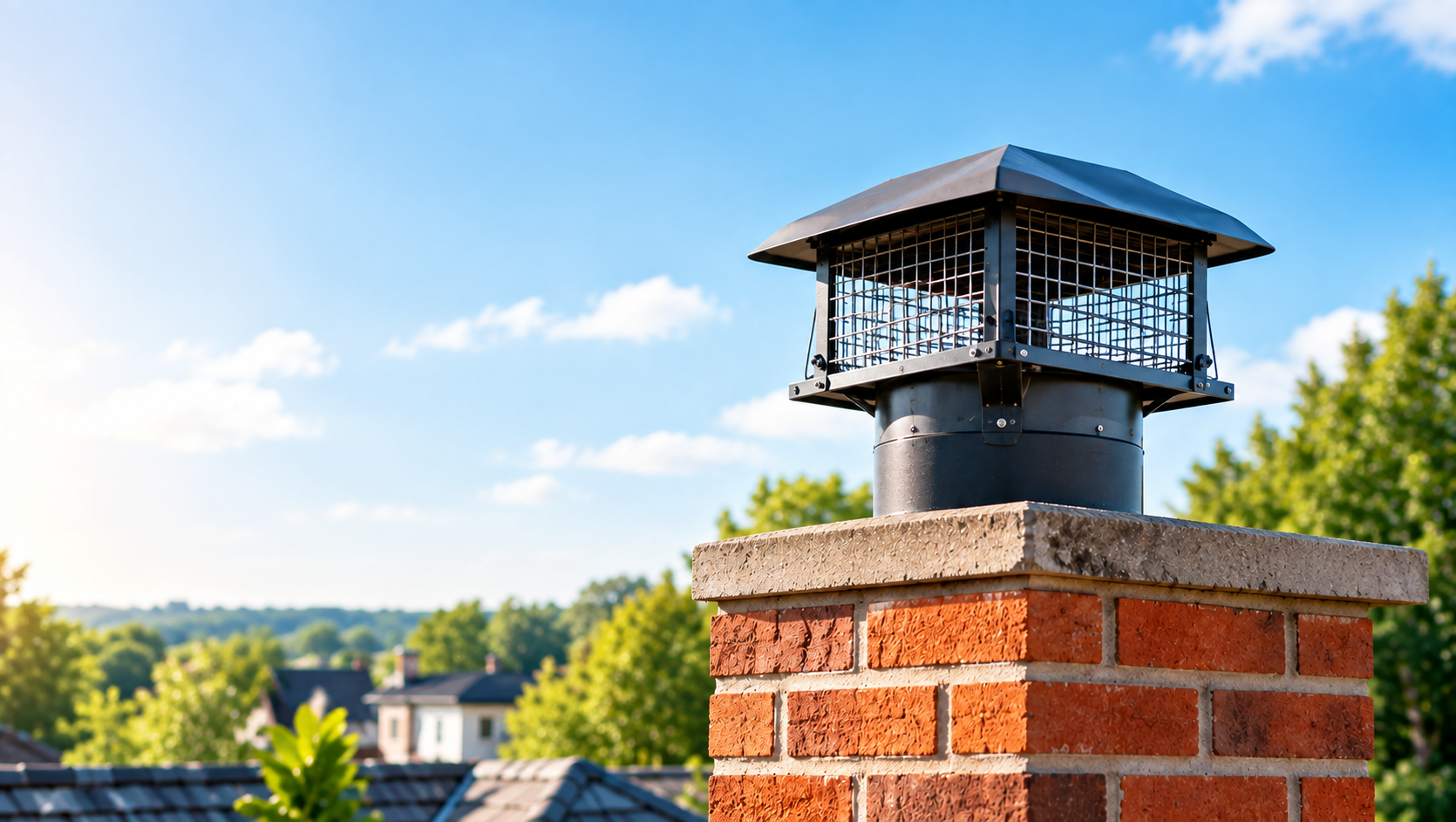A close-up view of a metal chimney cowl mounted on a brick chimney against a clear blue sky.