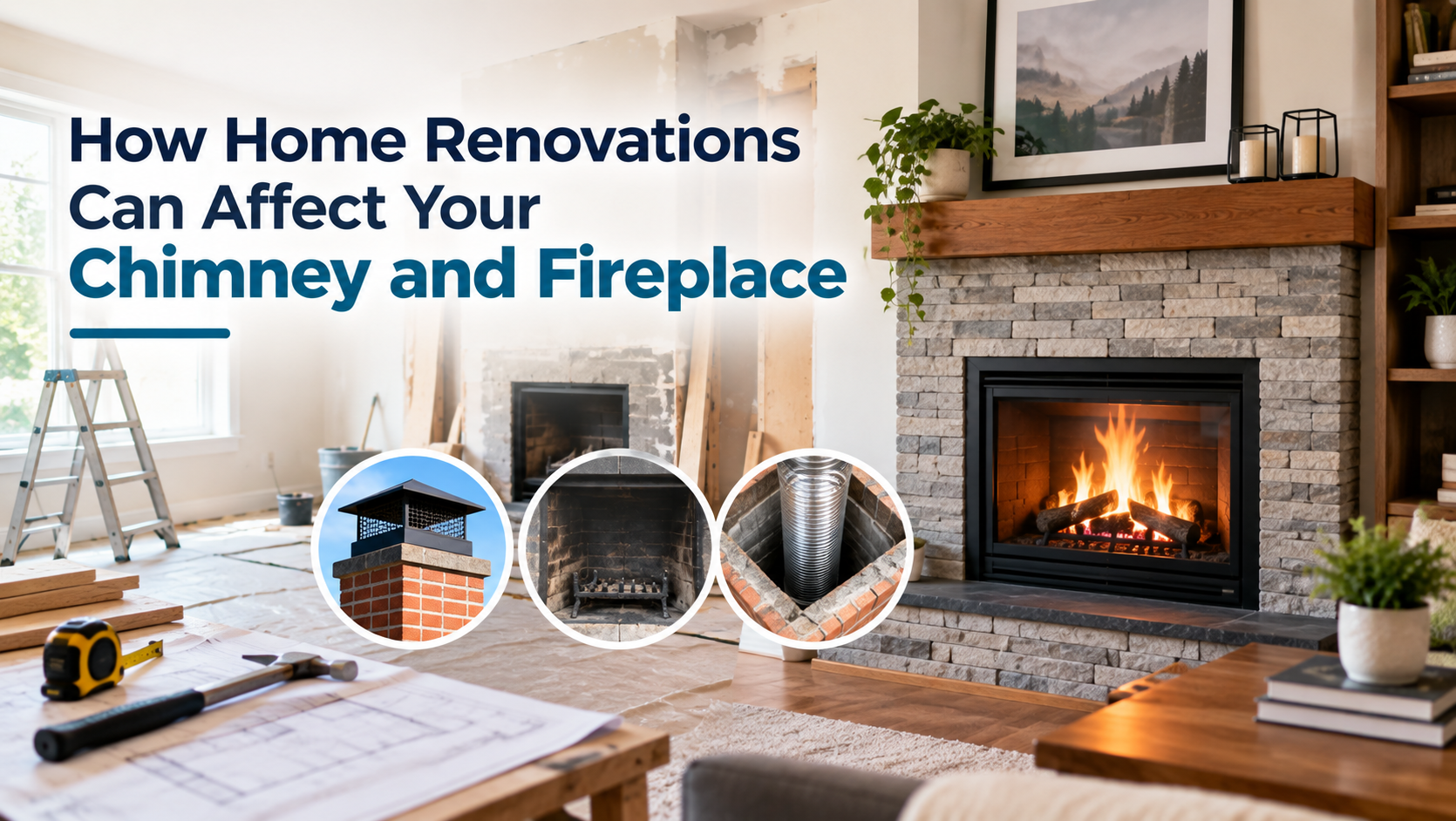 Home renovation in progress beside a modern fireplace and chimney system.