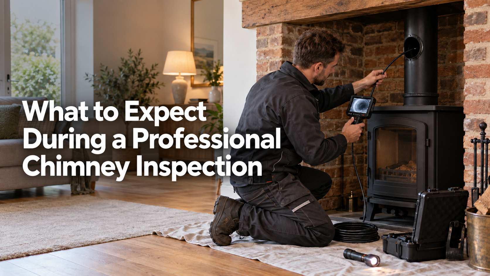 Chimney technician using a CCTV camera to inspect the flue of a wood-burning stove in a British home.