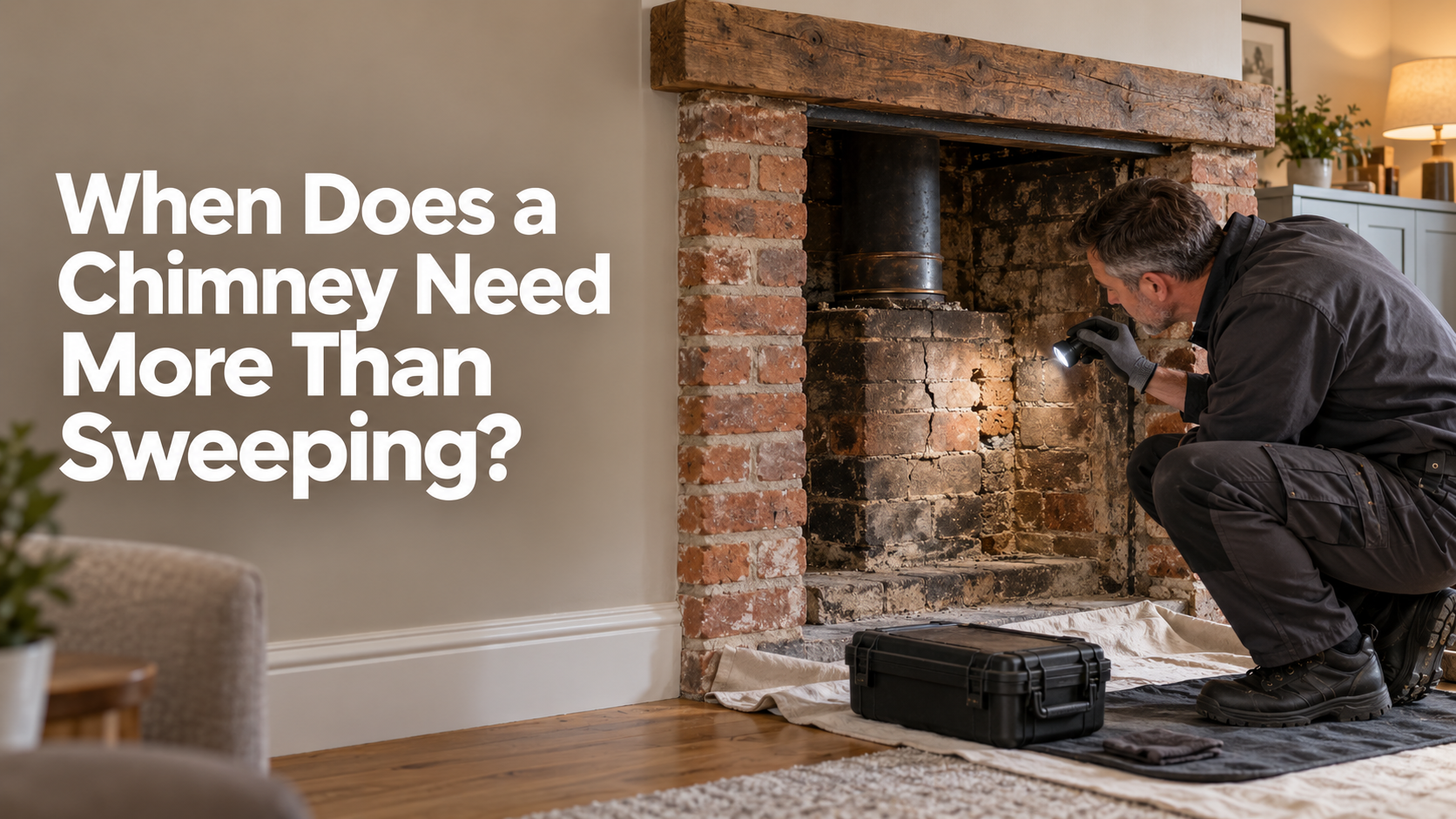 Chimney specialist using a torch to examine cracks inside a brick fireplace.