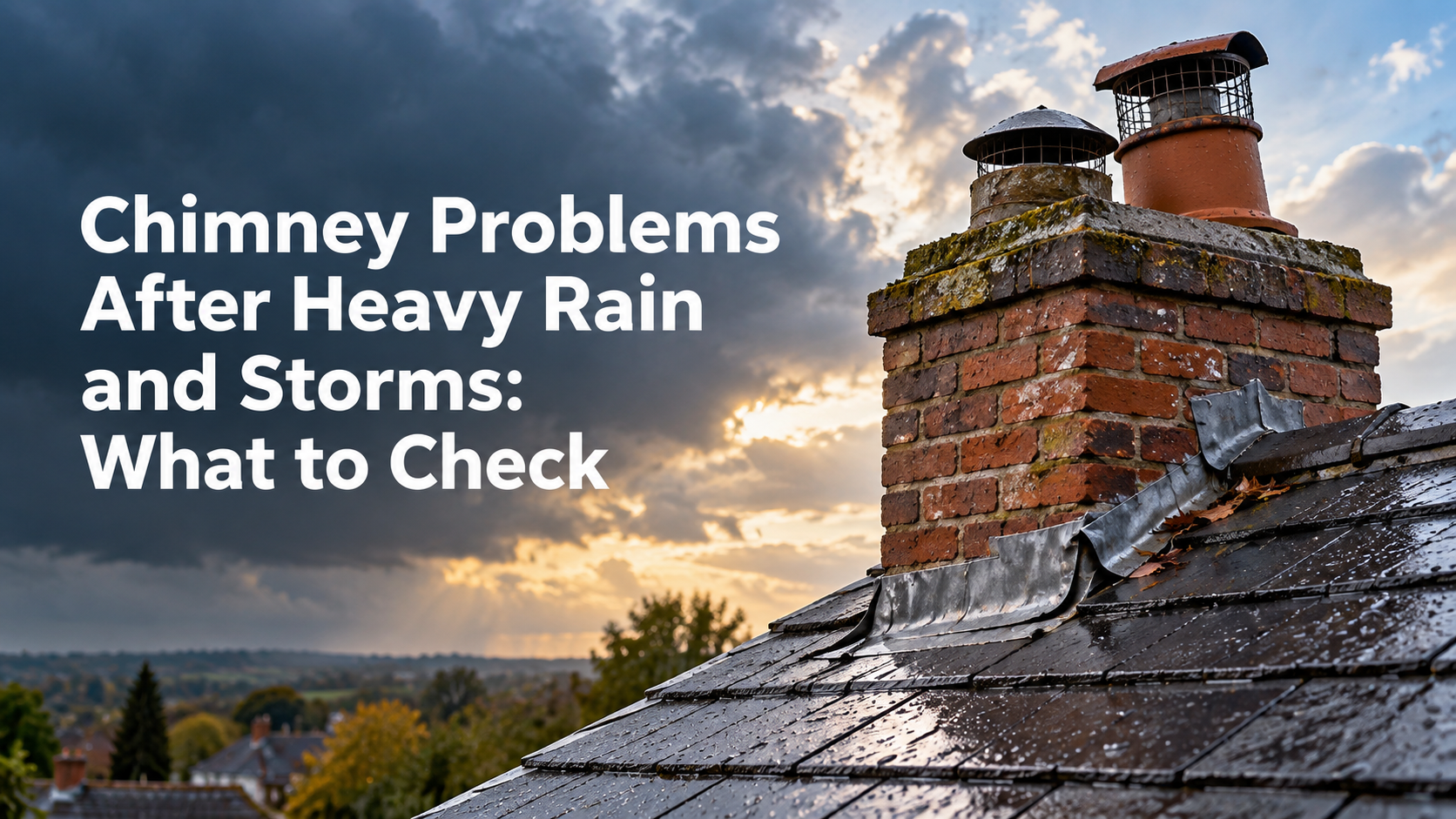 Wet brick chimney with lifted lead flashing on a slate roof after heavy rain.