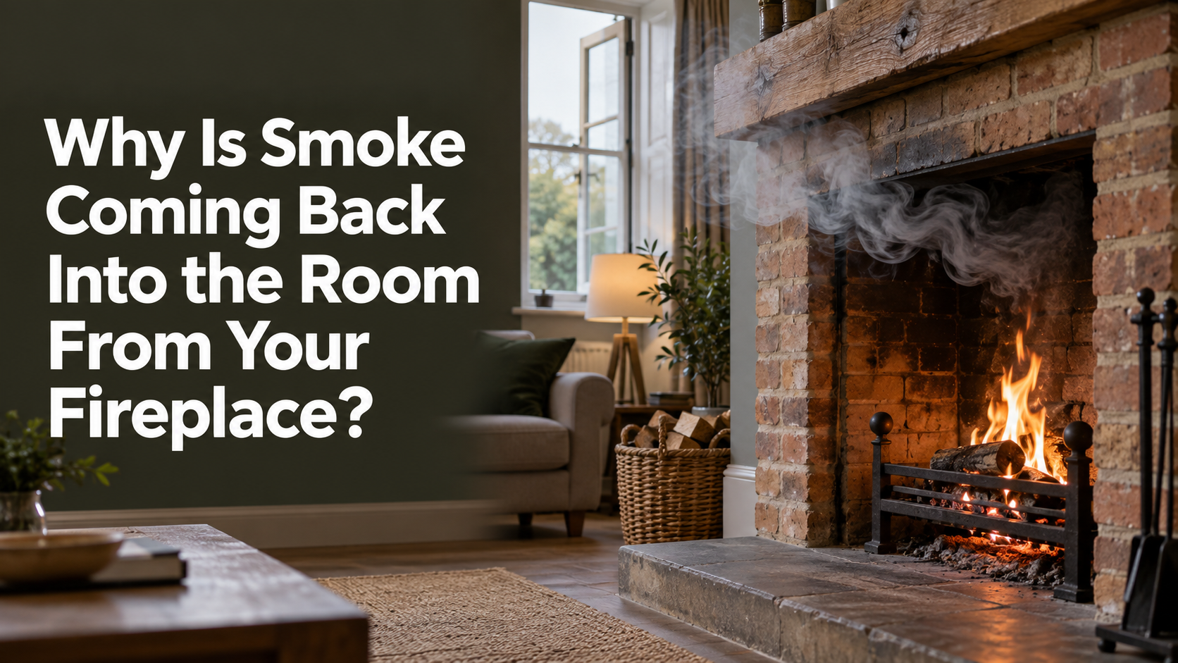 Smoke drifting into a living room from an open brick fireplace.