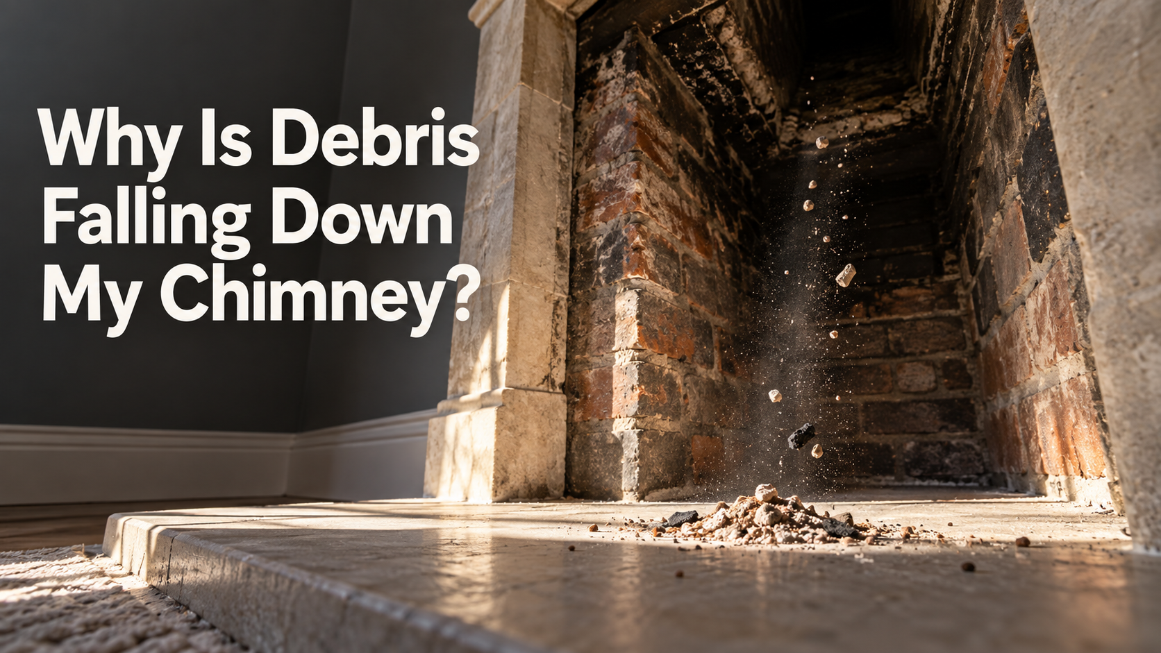 Small fragments of mortar and soot falling into an unused brick fireplace.