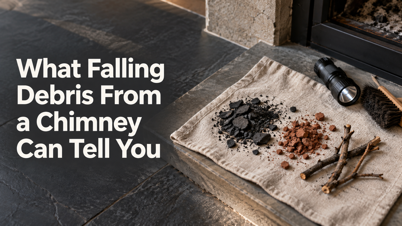 Soot, reddish masonry crumbs, and twigs found near a chimney opening.