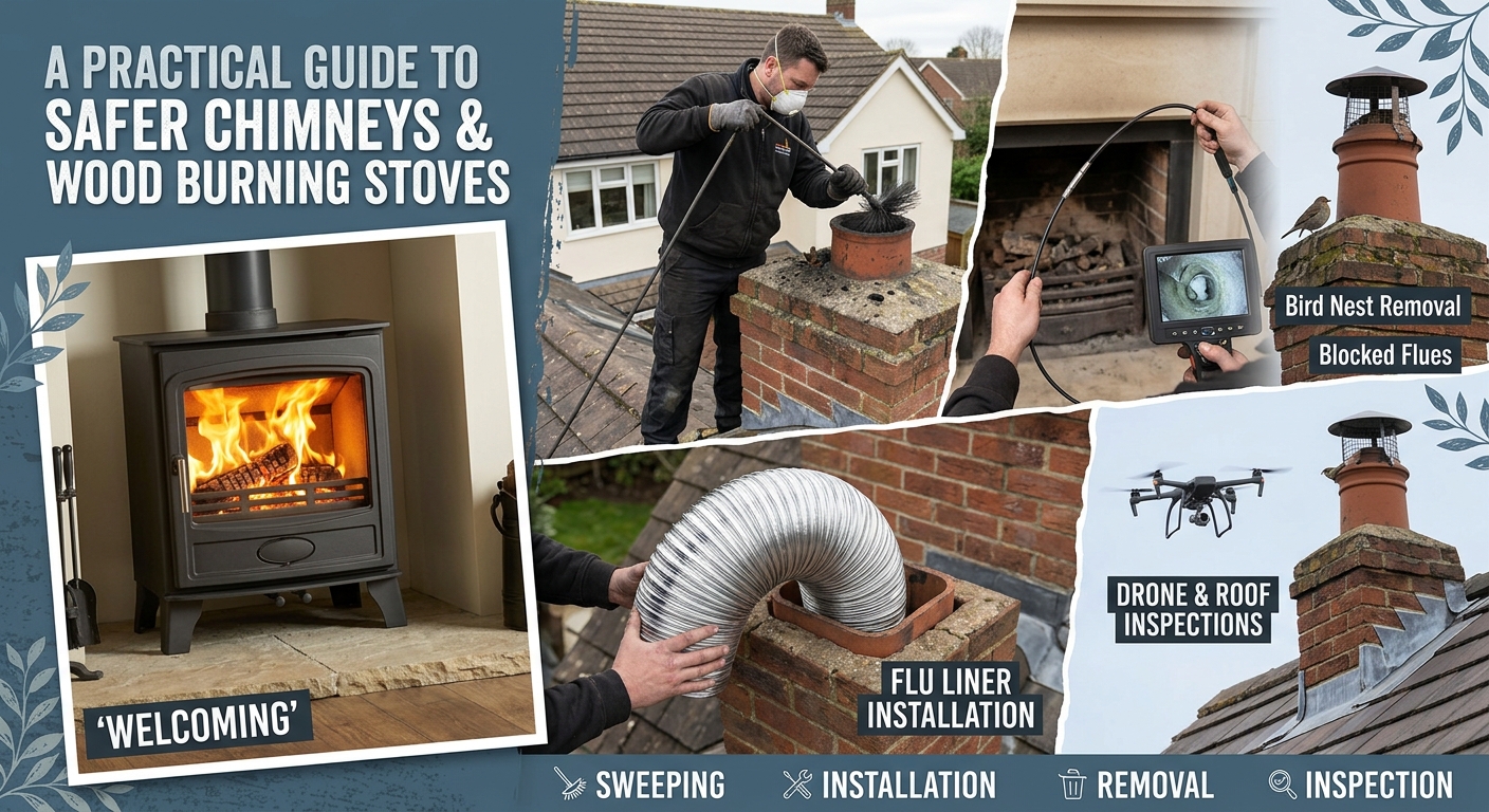 Infographic header titled "A Practical Guide to Safer Chimneys & Wood Burning Stoves" featuring photos of a wood stove, chimney sweeping, flue lining, CCTV inspection, and a drone inspection.