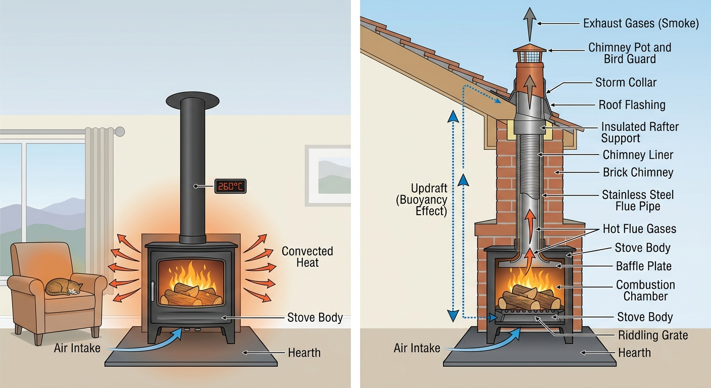 Cross section diagram showing how a log burner and chimney work together, highlighting air intake, heat output, flue gas flow, and updraft through the chimney liner.