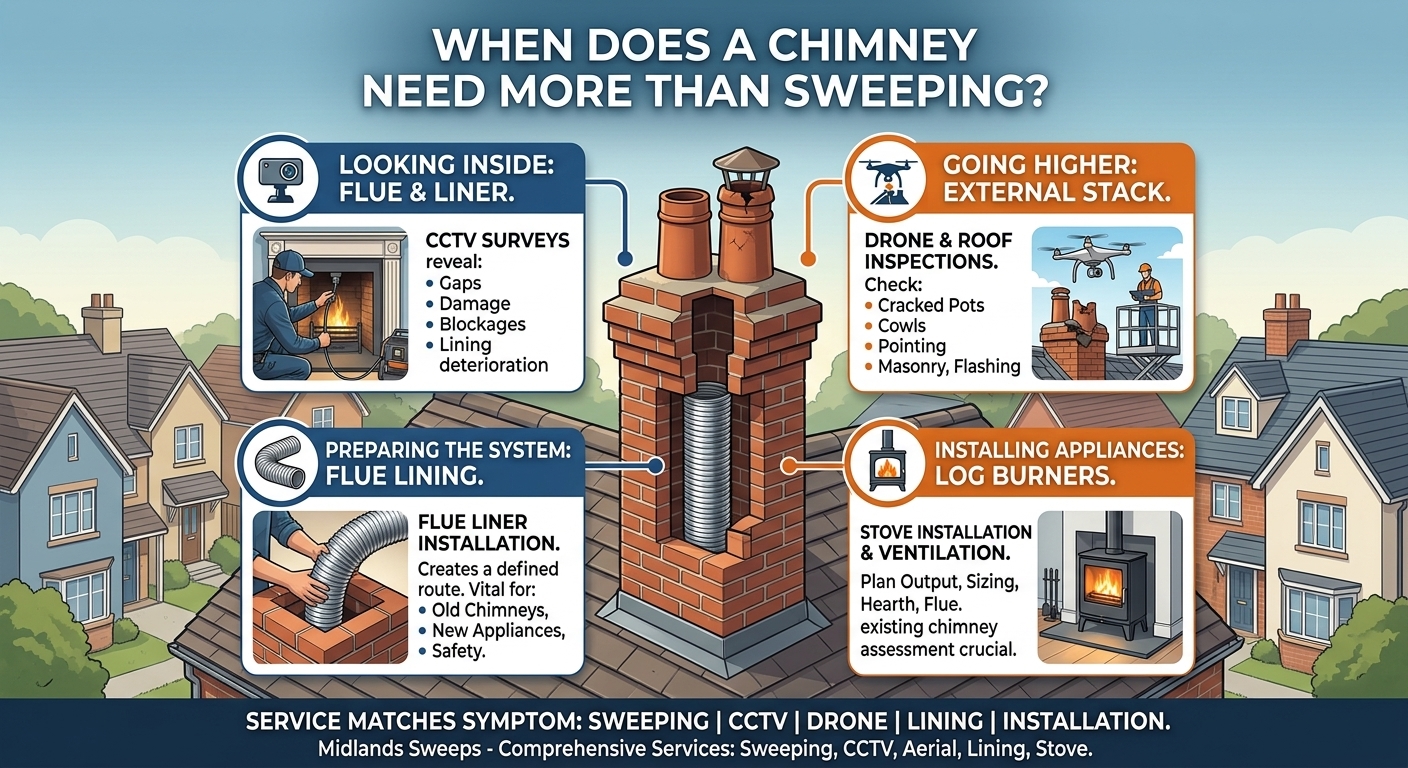 Infographic header titled "WHEN DOES A CHIMNEY NEED MORE THAN SWEEPING?" featuring a cutaway diagram of a brick chimney connected to four service panels: CCTV surveys, drone inspections, flue liner installation, and log burner fitting.