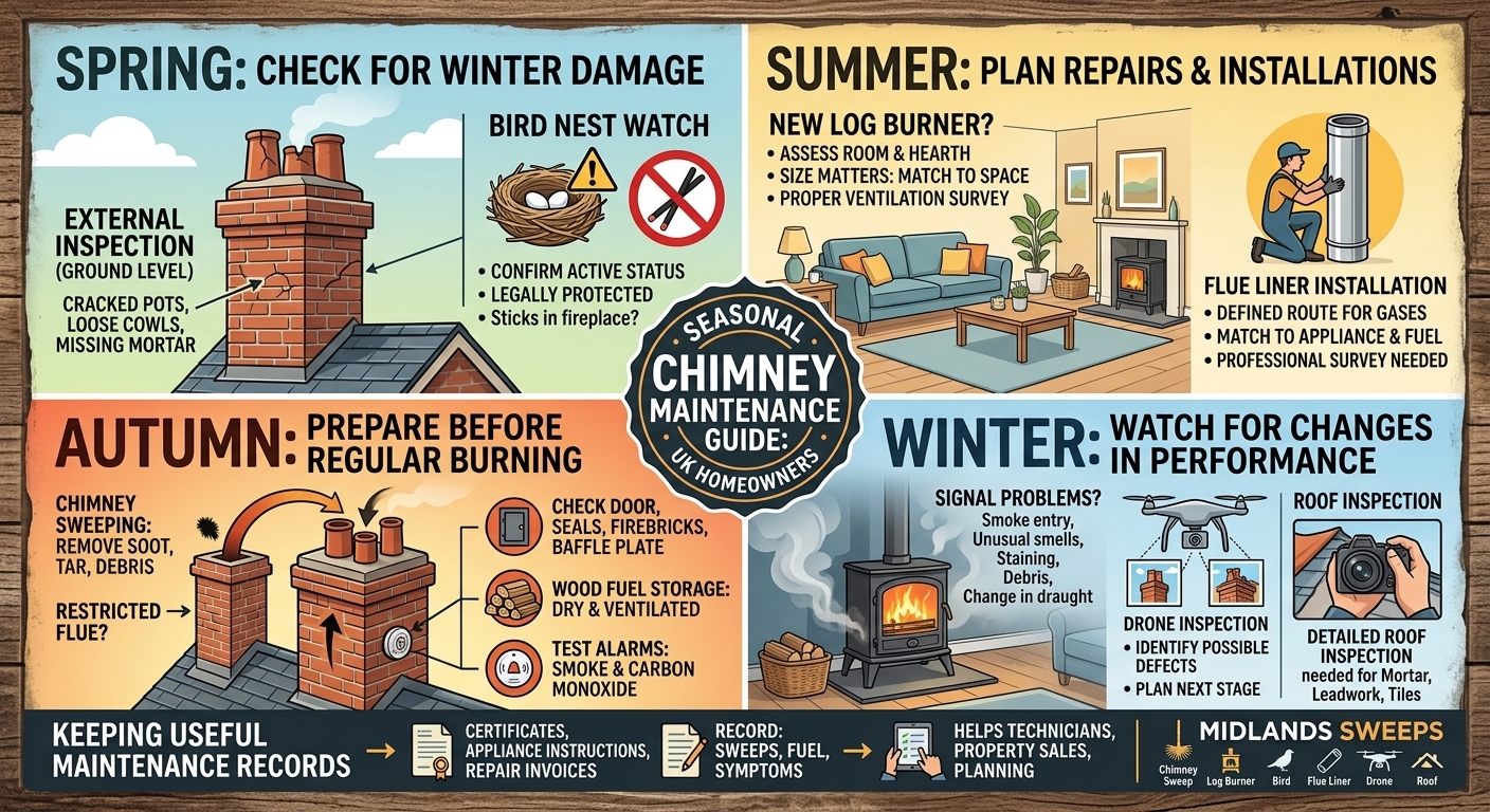 Infographic header titled "SEASONAL CHIMNEY MAINTENANCE GUIDE: UK HOMEOWNERS" detailing seasonal chimney tasks: Spring (inspections and bird nest checks), Summer (stove and flue installations), Autumn (sweeping and seal checks), and Winter (performance monitoring and drone/roof inspections).