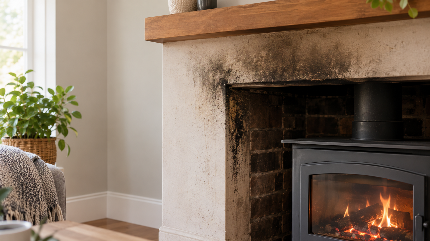 A fireplace with black soot marks around the opening and a wood-burning stove inside a warm, modern living room.