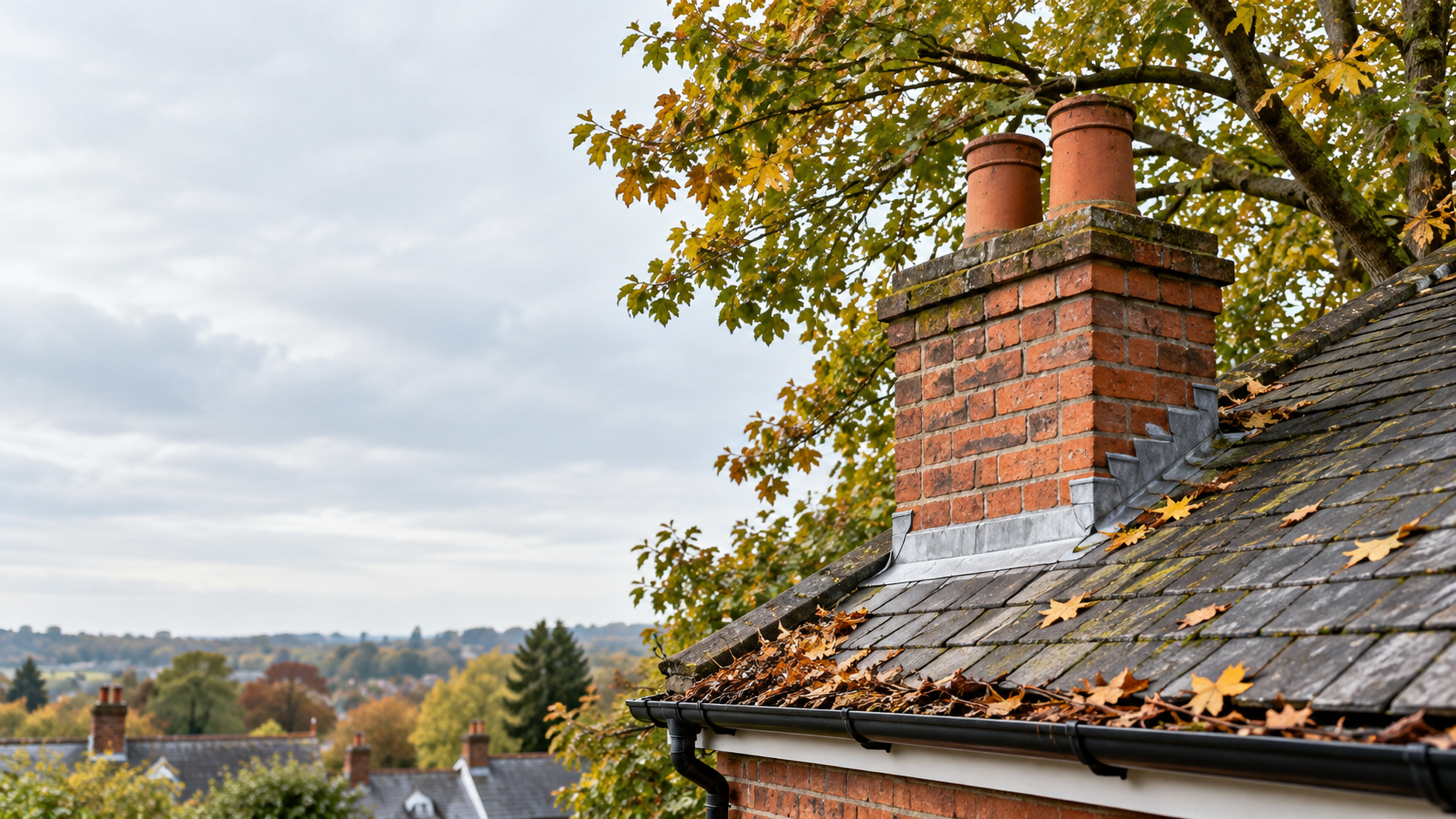 Tree branches overhang a brick chimney and slate roof, with autumn leaves collected along the gutter.
