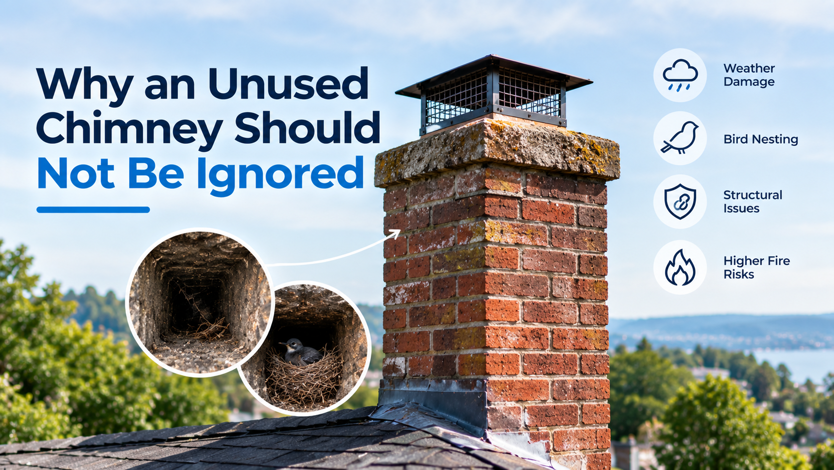 Weathered brick chimney on a rooftop showing signs of debris, nesting, and weather exposure.