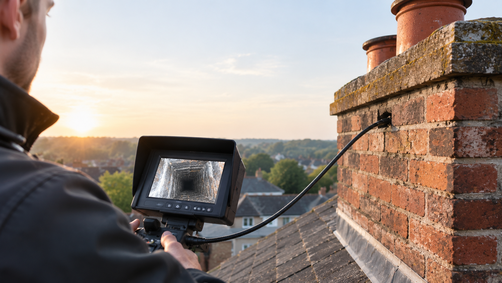 A technician using a CCTV camera to inspect the inside of a brick chimney from a rooftop.