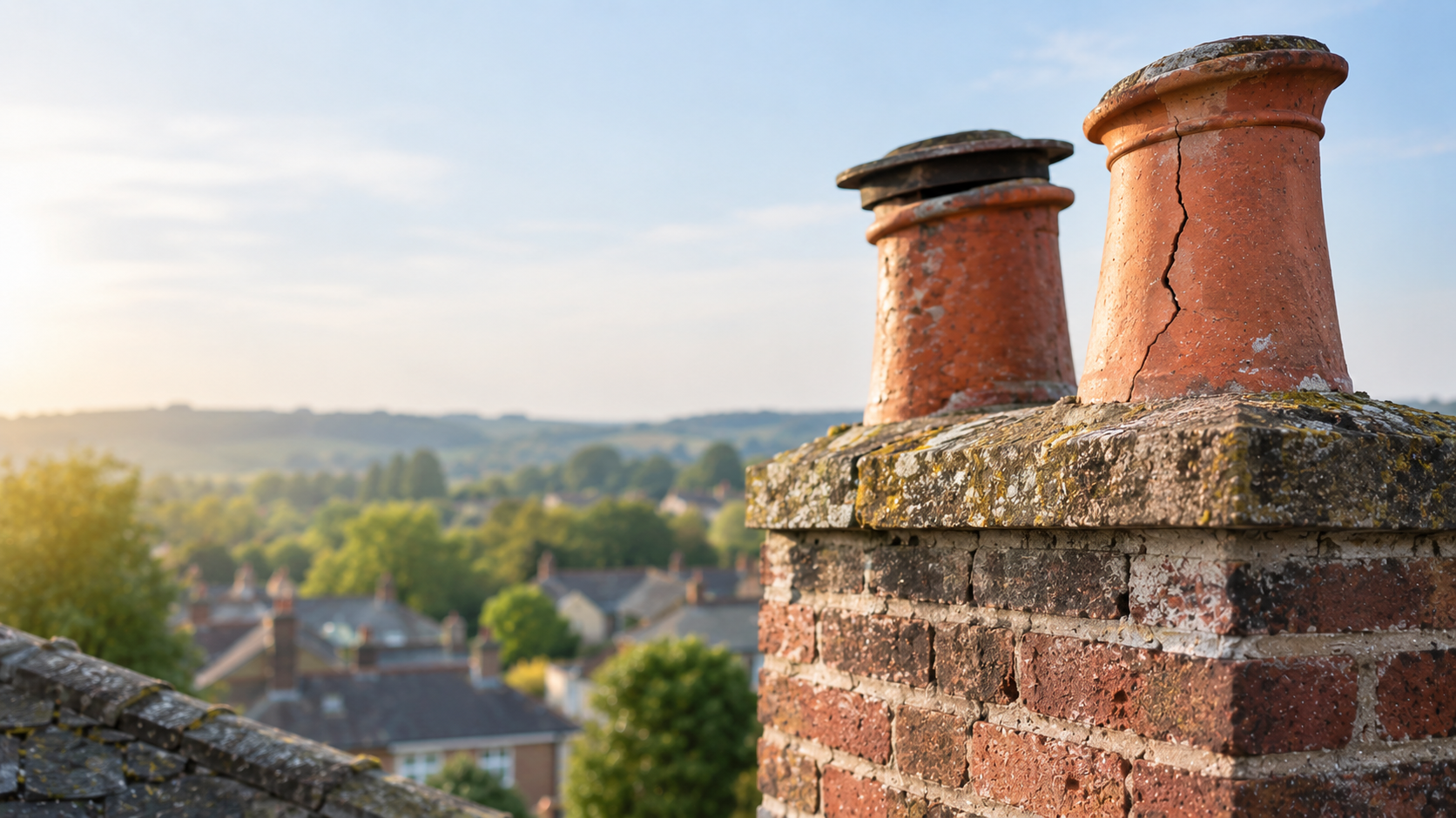A weathered brick chimney with two terracotta chimney pots, including one with a visible crack, above a slate roof.