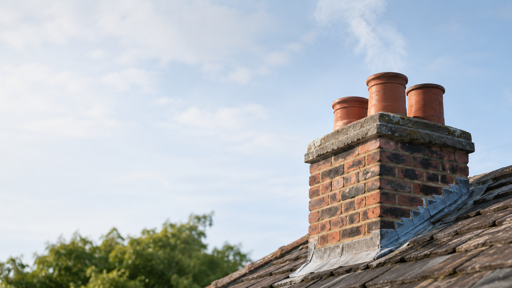 Brick chimney with terracotta chimney pots on a tiled rooftop under a bright, partly cloudy sky.