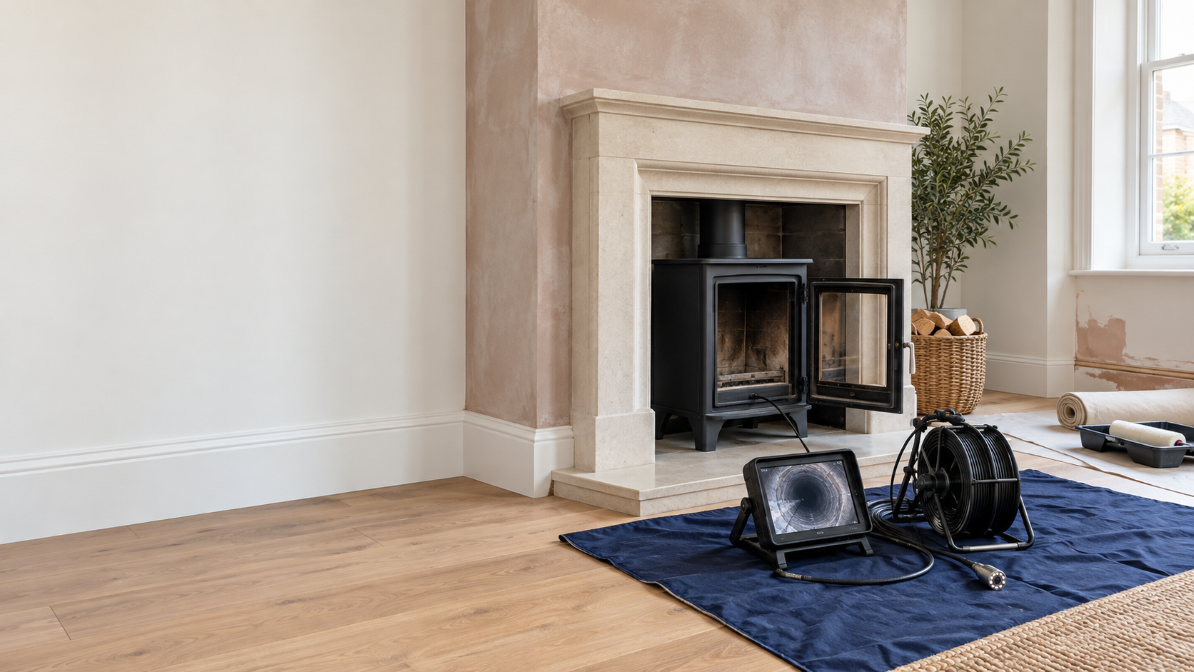 Chimney inspection camera and monitor beside an unlit wood-burning stove in a recently renovated room.