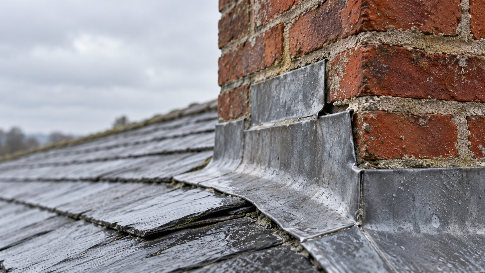 Close-up of lead chimney flashing with a lifted edge beside weathered brickwork on a wet slate roof.