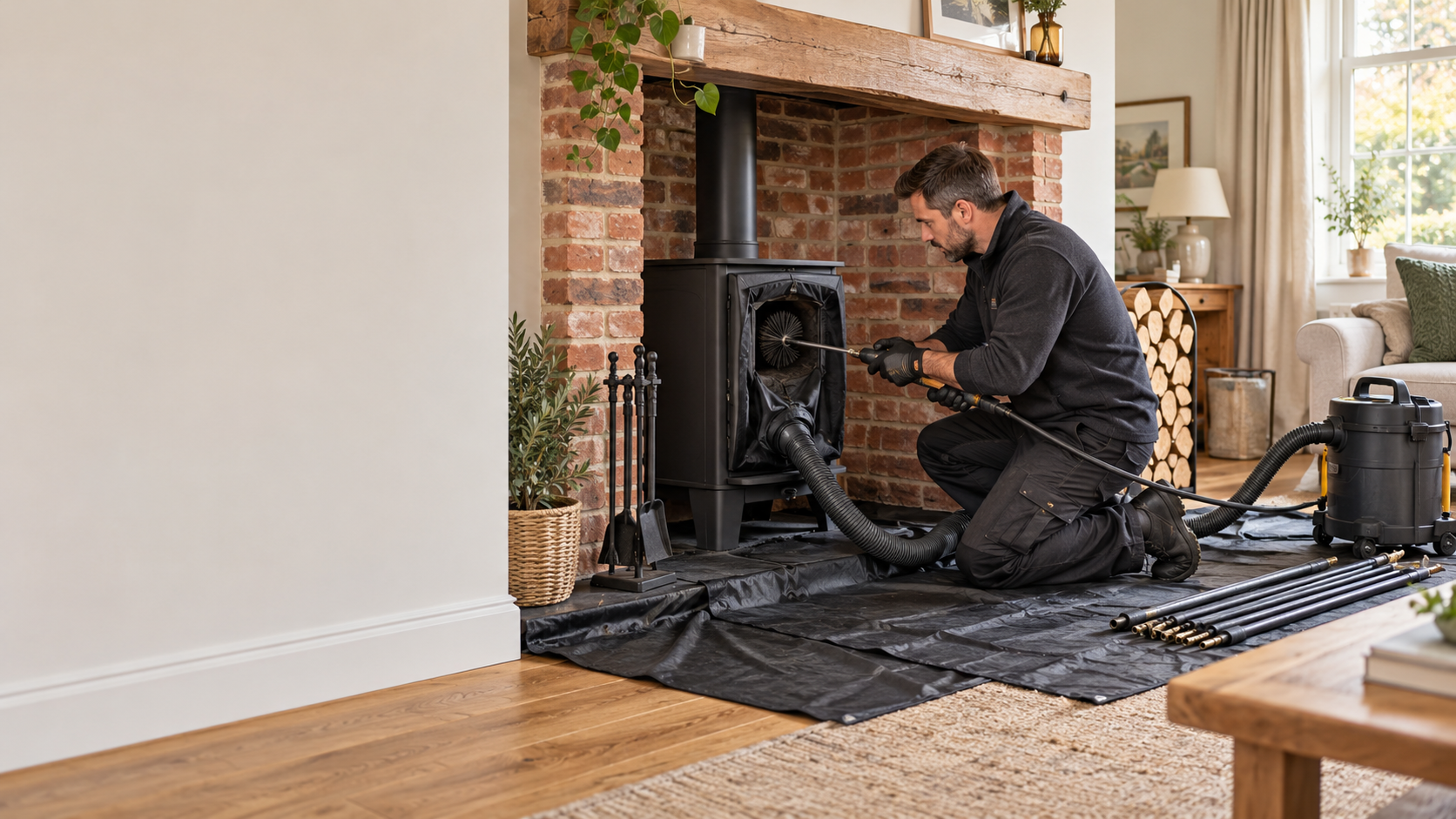 Professional chimney sweep working beside a wood-burning stove with sweeping rods, dust extraction equipment, and protective floor sheets.