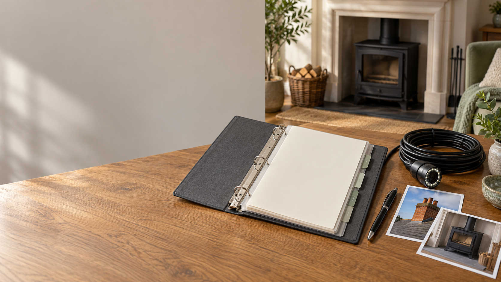 Open maintenance binder beside chimney photographs, a pen, and an inspection camera, with an unlit stove in the background.