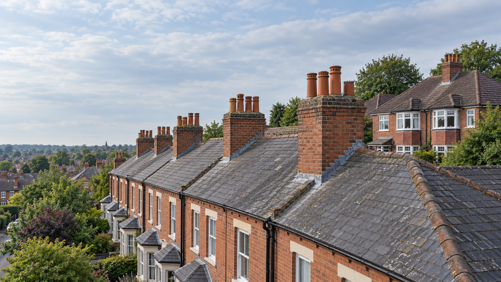 Brick chimney stacks with terracotta pots above British terraced homes, with semi-detached houses in the background.