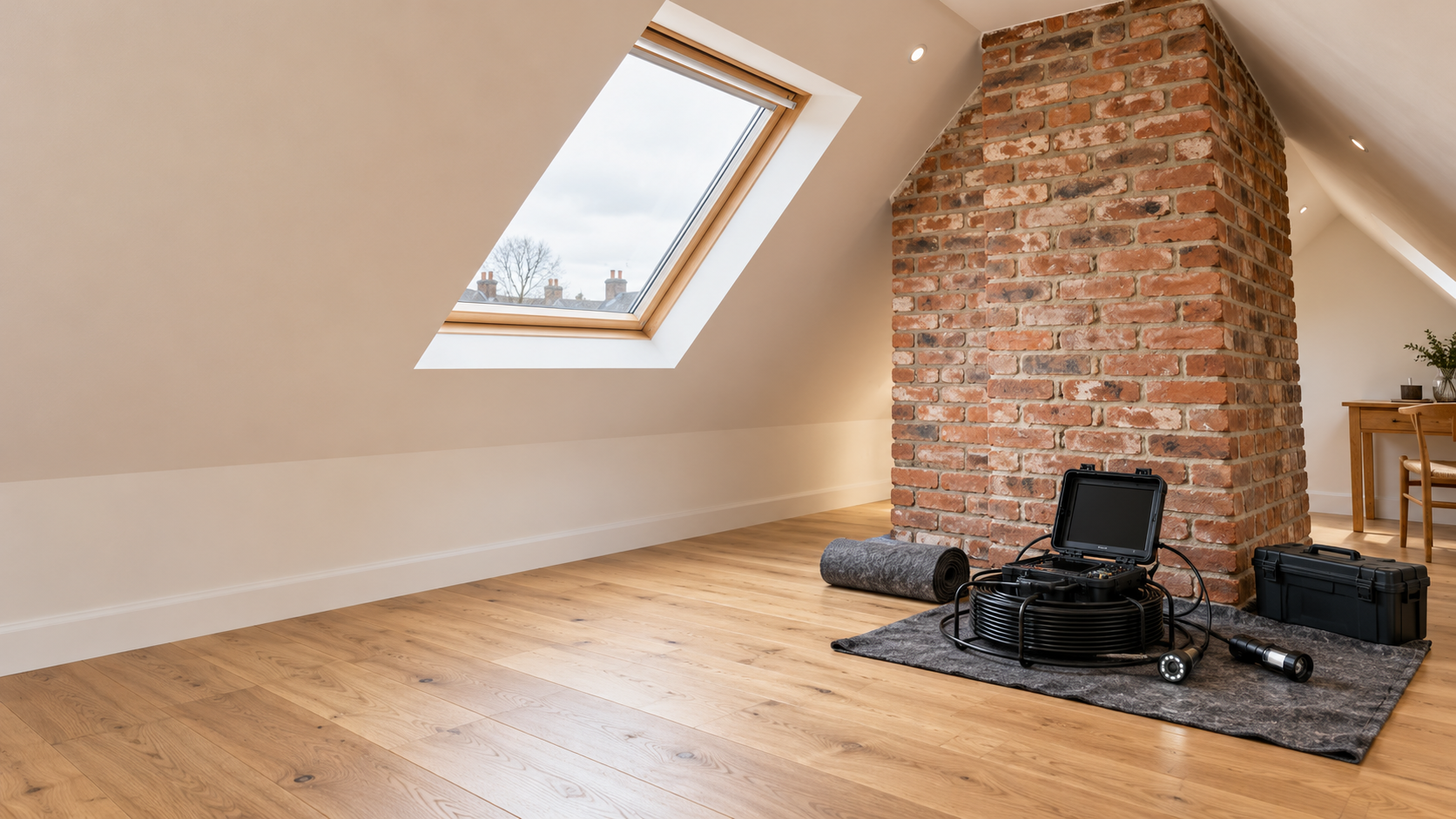 xposed brick chimney breast in a converted loft, with chimney inspection equipment on a protective mat beneath a roof window.