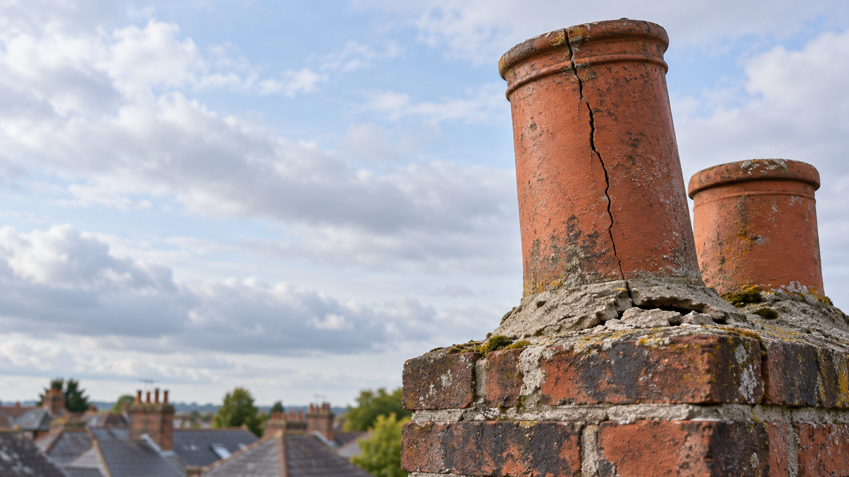 Cracked terracotta chimney pot leaning slightly above damaged cement flaunching on a brick chimney stack.