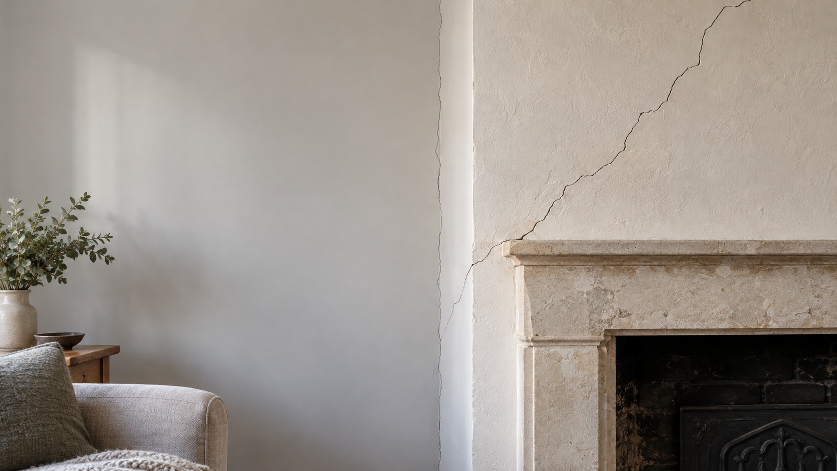 Diagonal and vertical plaster cracks around a chimney breast above a stone fireplace in a softly lit sitting room.