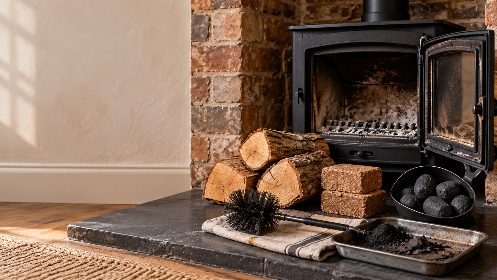 Logs, wood briquettes, and smokeless fuel beside an unlit stove, with a chimney brush and tray of soot deposits.