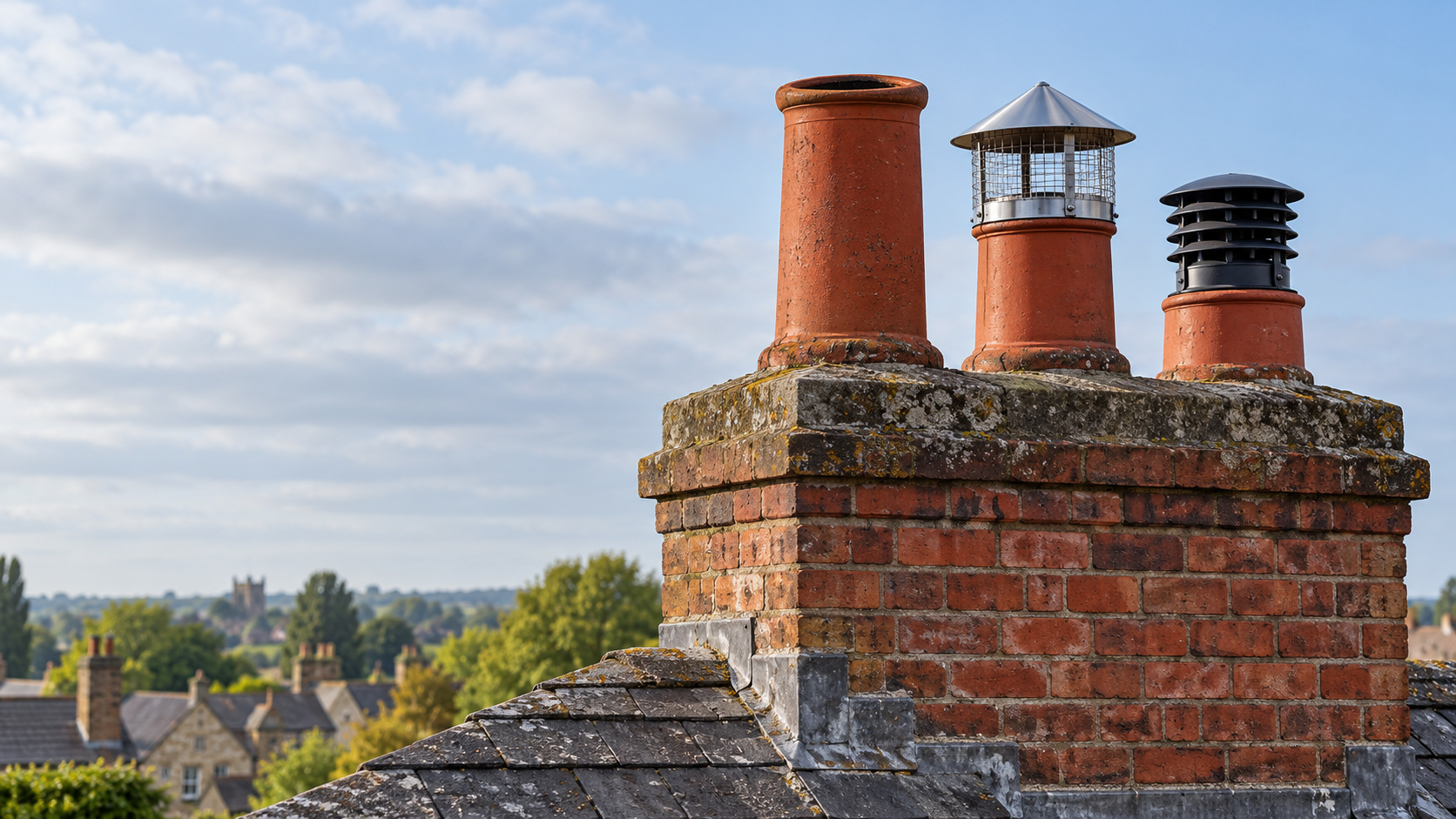 Brick chimney stack with an open terracotta pot, a silver mesh cowl, and a black terminal above a slate roof.