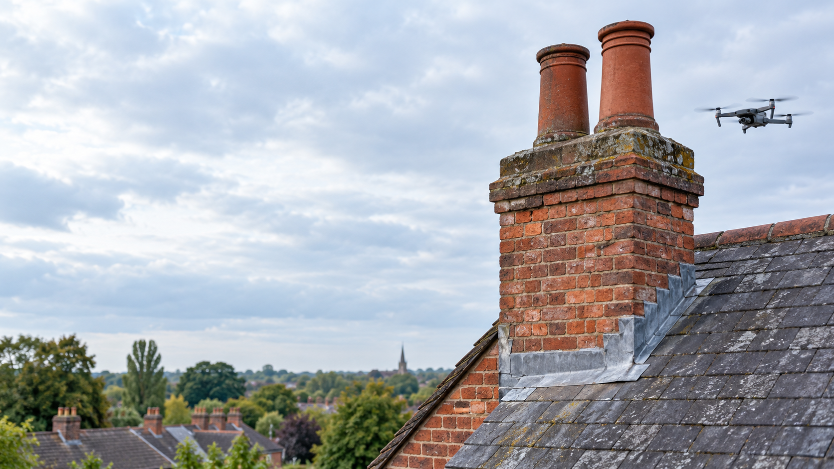Drone beside an older brick chimney with terracotta pots, lead flashing, and a slate roof.