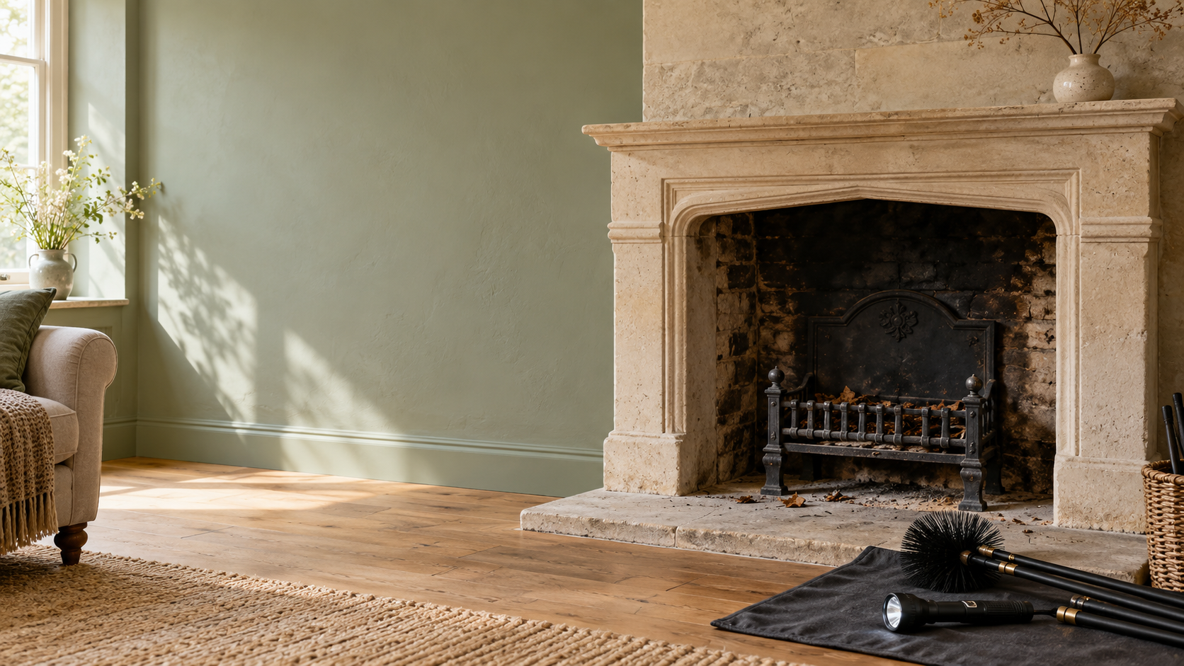 Unlit stone fireplace with scattered dry leaves, a chimney brush, rods, and inspection torch beside the hearth.