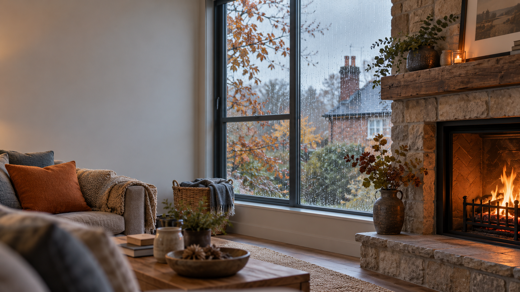 Lit stone fireplace beside a rain-streaked window, with a brick chimney visible outside.