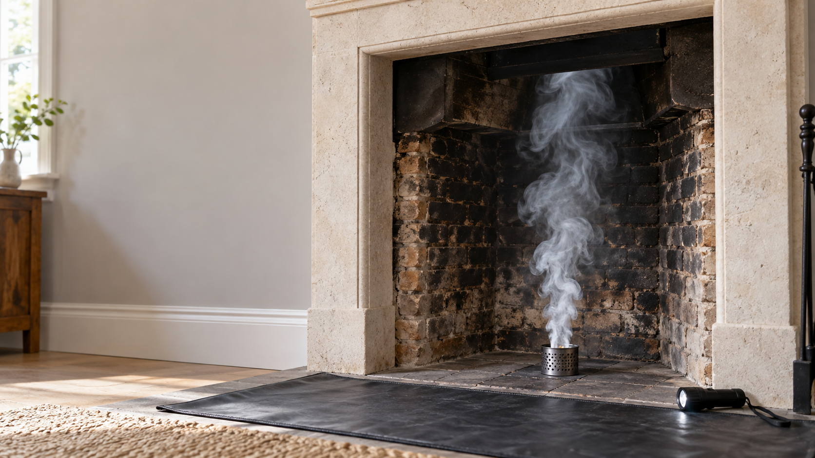 Test smoke rises from a metal holder inside a stone fireplace, with a protective sheet and inspection torch on the hearth.
