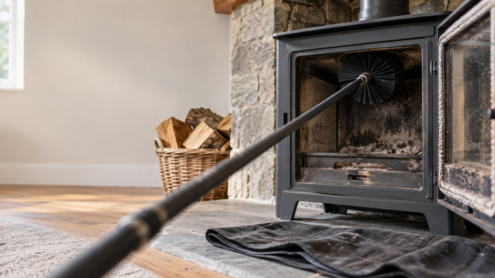 Chimney sweeping brush inside an open wood-burning stove, with soot deposits and a protective hearth sheet.