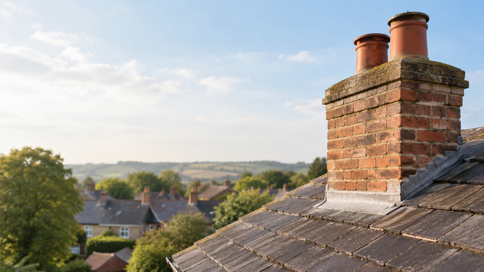 A realistic brick chimney on a tiled house roof overlooking a peaceful countryside village, representing key chimney checks when buying a home.